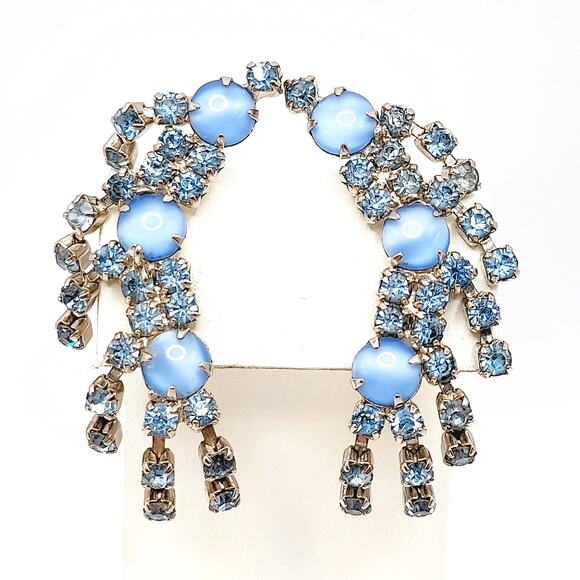 Vintage Blue Rhinestone Ear Climber Earrings Clip On Silver Tone Mid Century - Picture 1 of 7